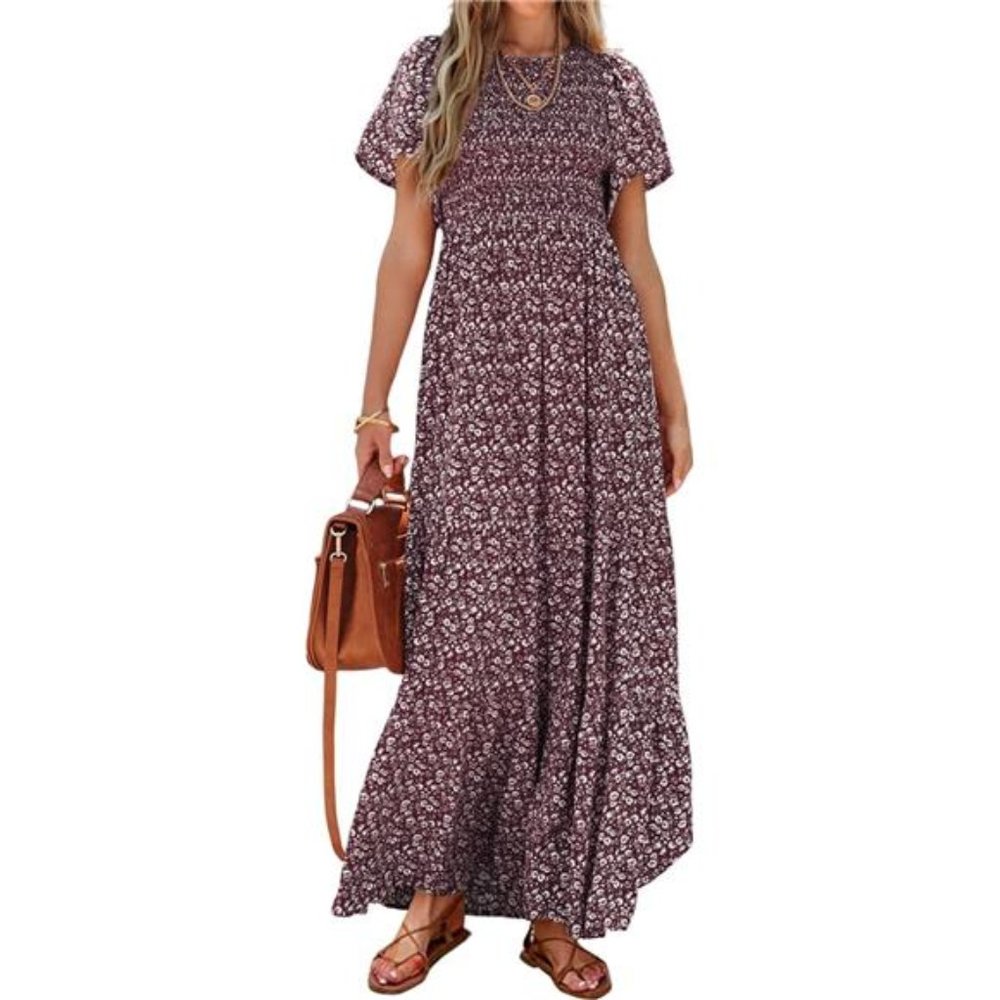 Women's Casual Flutter Short Sleeve Boho Floral Maxi Dress, Wine Red